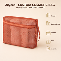 Pochette cosmétique rouge en maille avec fermeture éclair, poche avant, organiseur de maquillage portable, pochette de rangement pour articles de toilette de voyage