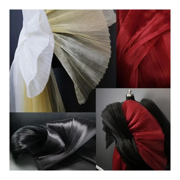 Bright pleated texture organza fabric with hundred pleats and stiff wedding dress design designer fabric