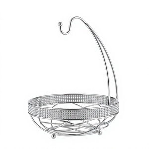 Cesta de Almacenamiento de Frutas de Alambre Metálico Plateado al por Mayor, Colgador de Plátanos, Soporte de Exhibición de Cocina con Banda de Cristal - Product Image 1