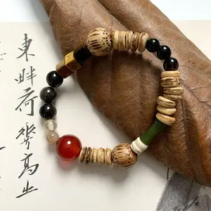 Vintage Retro Chinese Style Handmade Wooden Beads Agate Natural Stone Beads Bracelets For Women Jewelry