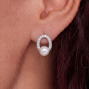 <b>Copper</b> Oval <b>Frame</b> Shell Pearl Stud Earrings with CZ Elegant Daily Wear Jewelry for Women - Product Image 4