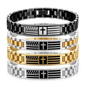 Pulsera de Acero Inoxidable para Hombre con Cruz y Bandera, 10mm, Grabada, Cadena de Reloj, Joyería, Regalo, Plata, Oro, Negro, Dos Tonos - Product Image 1