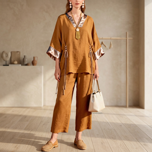 Ensemble deux pièces décontracté pour femme, style bohème, en lin et coton, col en V, manches courtes, coupe ample, couleur unie, respirant, pour l'été - Product Image 3