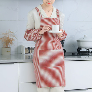 Green Striped Cotton Linen Apron With Pocket Breathable Kitchen Use Adult Size - Product Image 2
