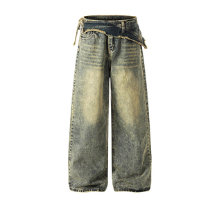 Pantalones Vaqueros Retro Lavados con Diseño Único y Bordes Irregulares, Corte Holgado y Recto, Estilo Urbano Desestructurado - Product Image 1