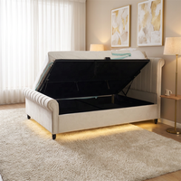 Klassisches Design Gepolstertes Schlafzimmermöbel Elegantes Beige Samt-Schlittenbett Doppelbett Kingsize mit Gaslift-Stauraum