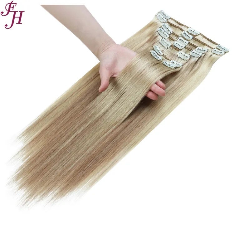 FH wholesale 30 inch clip in hair human extensions double drawn skin weft hair extension human hair clip in set