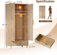Armoire de rangement autoportante en chêne naturel rainuré avec tringle à vêtements et tiroir, pour chambre à coucher