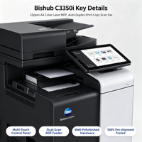 Photocopieur multifonction couleur laser A4 reconditionné Konica Minolta Bizhub C3350i, 33 ppm, impression recto verso automatique, copie, numérisation, fax, pour bureau