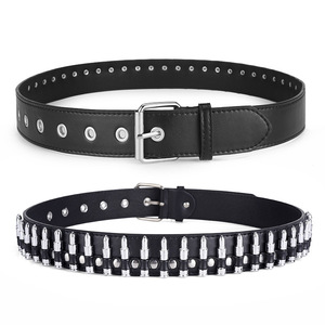 <span class=keywords><strong>Ceinture</strong></span> Y2K en alliage d'<span class=keywords><strong>argent</strong></span> de haute qualité, style punk rock décontracté, pour hommes <span class=keywords><strong>et</strong></span> femmes, avec œillets <span class=keywords><strong>et</strong></span> clous noirs, 2 pouces, 110-120 cm - Product Image 1
