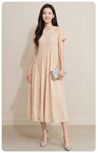 Robe plissée décontractée pour femme PY, kaki clair texturé, élégante, à manches courtes, évasée, longue, vente en gros pour bazar - Product Image 5