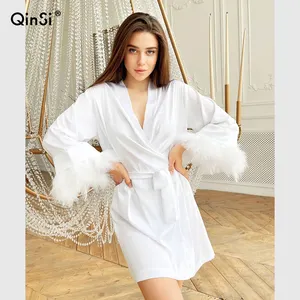 QINSI Noiva Robe Vestido Vestido Roupão Feminino Full Sleeves Satin Robes Sleepwear Para As Mulheres design pijama Branco Pena Robe