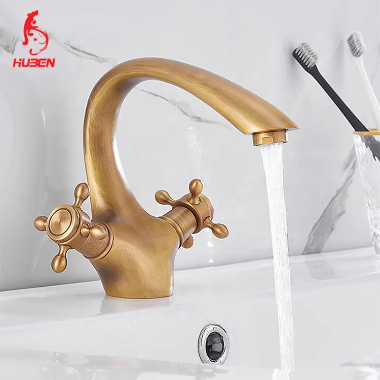 Grifo de lavabo con caño de cisne antiguo de fábrica, grifo doble de cobre frío y caliente