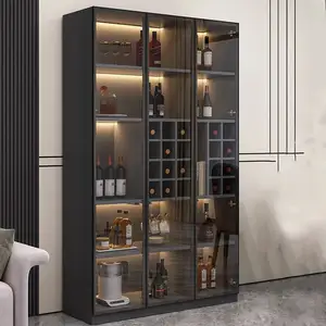 Furnitur mewah rumah ruang tamu kabinet anggur kayu kustom bar dengan tampilan kaca kabinet tampilan kayu padat