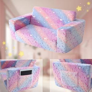 Children's <b>Sofa</b> Double Seat Pink Foldable Velvet With Stars For <b>Kids</b> Reading Corner Nap Chair - Product Image 2