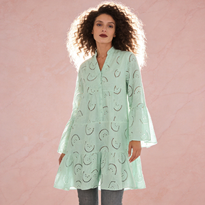 Robe tunique à manches longues en dentelle à œillets personnalisable pour femmes, ample, pour la plage et les vacances - Product Image 1