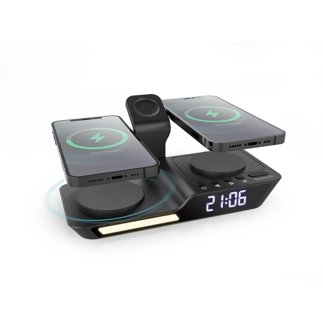 ABS Material Housing 9V 3 Input Wireless Charger Mobile Phone Charger with Clock Alarm Night Light