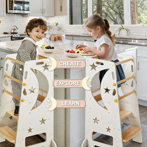 Tour d'apprentissage moderne en bois écologique pour enfants, idéale pour appartement, hauteur réglable, pliable, aide de cuisine avec motif lune - Product Image 3