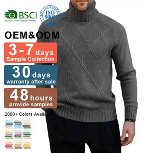 Men's turtleneck cable sweater solid color slim knit pullover 2023 new autumn and winter crew sweater