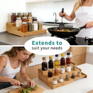 Bamboo Telescopic Spice <b>Rack</b> Expandable Kitchen Countertop <b>Storage</b> Desktop Spice <b>Bottle</b> Organizer - Product Image 1