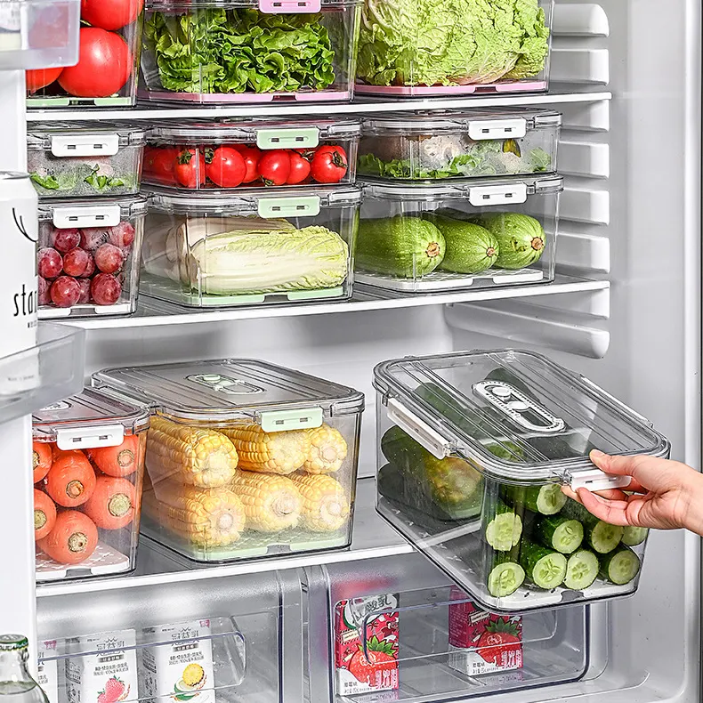 Wholesale Pull Out Fridge Vegetable Fruit Seafood Egg Organizer Drawers Clear Refrigerator Storage Box Bins with Draining Tray
