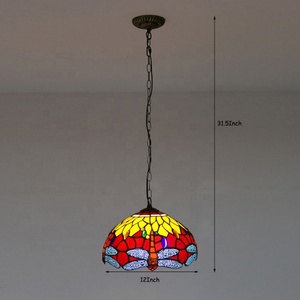 LongHuiJing Middle 12-Inch Adjustable Height European Pastoral Retro Tiffany Pendant <b>Red</b> Dragonfly Pattern Stained Glass Shade - Product Image 5