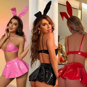 4 Piece Set Pu <strong>Leather</strong> <strong>Bralette</strong> with Metal Chain with Mini Dress Thong Sexy Nighty Costume <strong>Leather</strong> Lingerie with Cute Hair Band - Product Image 2