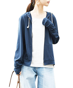 Sudadera con capucha ligera azul marino para mujer, con cremallera, manga larga, informal, suave y cómoda para uso diario, prenda exterior para combinar capas - Product Image 1