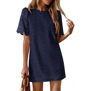 Women's Summer Casual Short Sleeve Lace Mini Dress Boho O-Neck Loose Fit Breathable Woven Beach Vacation Dress - Product Image 5