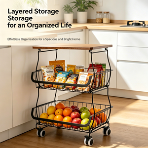 2-Tier <b>Rolling</b> Kitchen Cart Wooden Top Wire Storage Basket Utility Trolley <b>Fruit</b> Vegetable Organizer Rack For Pantry Home - Product Image 3