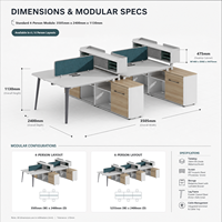 Poste de travail modulaire pour 4 à 6 personnes, bureau à plan ouvert avec étagère, armoire de rangement et cloison acoustique