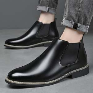 Bottes Chelsea pour hommes en cuir véritable, à bout rond, avec bande élastique, respirantes, tendance, décontractées - Product Image 3