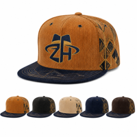 Casquette unisexe en velours côtelé à visière plate, bicolore, broderie personnalisée à la machine, six panneaux, fermeture snapback réglable, vente en gros, approvisionnement en vrac