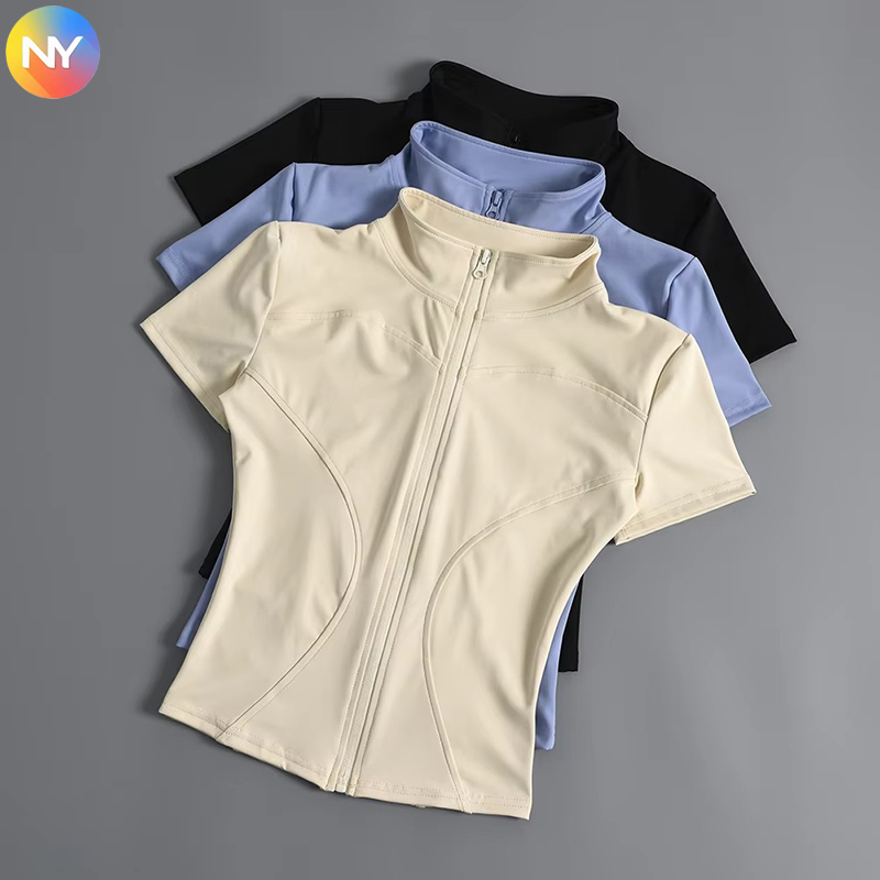 Women's Lightweight Breathable Summer Fitness Tops New Nude Short-Sleeved Cycling Yoga Top T-Zipper for Outdoor Sports Training