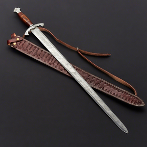 Espadas Vikingas y Medievales de Acero de Damasco Personalizadas, con Punta de Lanza Recta y Hoja Larga, con Funda de Cuero para Exhibición - Product Image 3