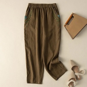 Cotton Linen Embroidered Harem Pants Elastic Waist Loose Fit Casual Cropped Pants With Pockets Breathable Women's Pants - Product Image 4