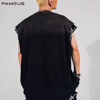 Débardeur Homme Personnalisé Surdimensionné Imprimé Délavé à l'Acide, Effet Vieilli avec Rivets et Détails Déchirés, Style Hip Hop Streetwear Sans Manches pour l'Été, OEM