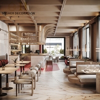 Design de comptoir de bar de restaurant tendance avec éclairage, mobilier de restaurant en bois, ensembles de salle à manger écologiques