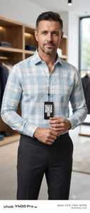 Camisa Estampada LAFAR para Hombre en Azul Claro y Blanco con Diseño a Cuadros, Manga Larga, Cierre de Botones, Estilo Casual Elegante - Product Image 2