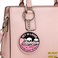Porte-clés Pink Ride, design humoristique 'Get in Loser' avec 3 squelettes dans la voiture, accessoire gothique original pour clés ou sacs à dos