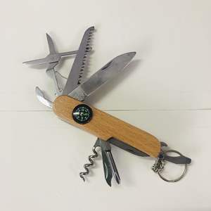 Coltellino Svizzero Multifunzione 11 in 1 con Manico in Legno e Acciaio Inox, Apribottiglie, <span class=keywords><strong>Bussola</strong></span>, Coltello Pieghevole e Portachiavi - Product Image 6