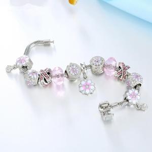 Joyería de Moda para Mujer, Brazalete de Corazón en Oro Rosa, Brazalete con Cuentas Rosadas y Dijes de Flores de Circonio para Mujer - Product Image 6