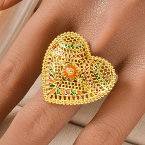 Filigree Openwork Colorful Heart Copper 18k Gold Plated <b>Women</b> Vintage Luxury Wholesale Cuff Bracelet <b>Ring</b> <b>Set</b> - Product Image 4