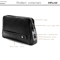 Sac à main d'affaires en cuir véritable noir hommes sac d'empreintes digitales avec chargeur usb avec fermeture éclair déverrouiller par doigt