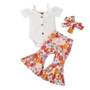 Pakaian 2024 anak perempuan, baju bando lengan Puff pendek padat busur Suspender rajut Romper motif bunga menyala musim panas Set pakaian bayi
