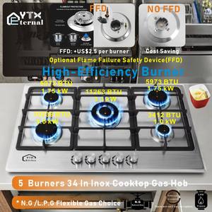 เตาแก๊สแบบฝัง 5 หัวเตา สแตนเลส ระบบจุดไฟอิเล็กทรอนิกส์ ใช้แก๊ส LPG/ก๊าซธรรมชาติ สำหรับใช้ในครัวเรือนและกลางแจ้ง รับผลิตแบบ OEM/ODM - Product Image 4