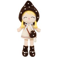 Poupée en peluche douce de 16 pouces, design à capuche champignon avec tenue à pois et mini sac, adorable ornement pour l'espace des animaux de compagnie et l'intérieur