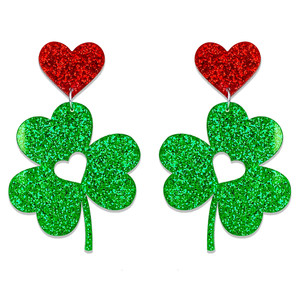 Pendientes de joyería con corte geométrico simple, trébol de cuatro hojas verde, accesorio de la suerte, pendientes largos de resina con labio hueco brillante y exagerado - Product Image 1