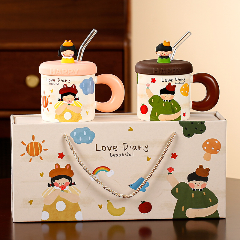 Niña amarilla + niño verde (copa doble) - caja de regalo