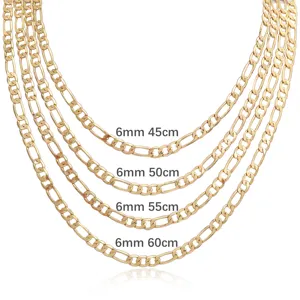 necklace men 24 inch Suppliers-6mm 18, 20, 22, 24 Inch 14k Gold plated Diamond-Cut Figaro cuban Link Chain Necklace for Women Men